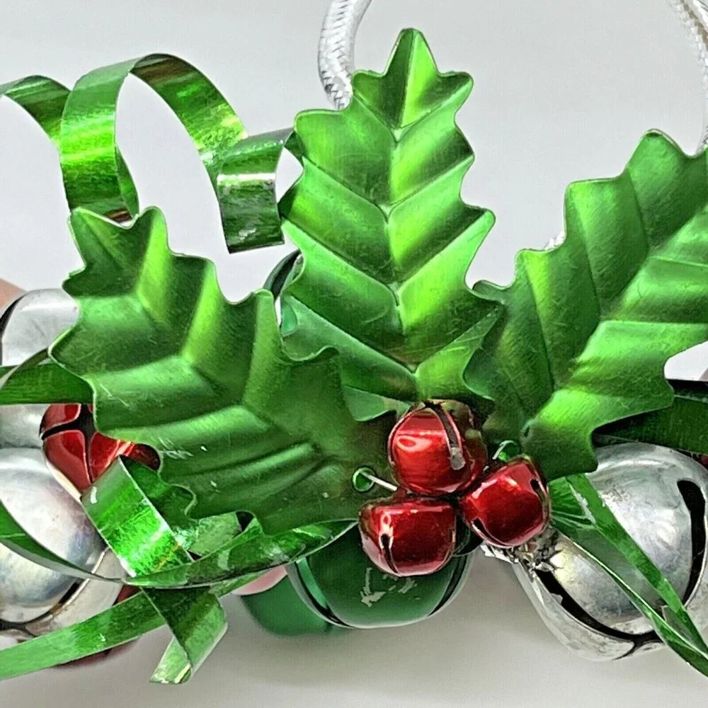 Christmas Jingle Bell Wreath Red Silver Green With Holly Accent Metal